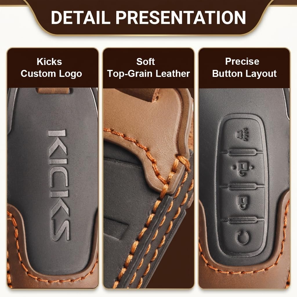 LEXLEY 1PCS Leather Key Fob Cover for 2023-2026 Nissan KICKS, Custom Fit Crazy Horse Leather Key Case with Embossed KICKS Logo, Smart Key Protector,4 buttons