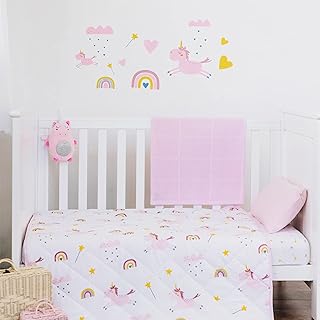 Baby Girl Crib Bedding Sets 5 Pc, Baby Girl Gifts & Baby Shower Gifts, Little Unicorn Nursery Decor Includes Baby Girl Blanket, Warm Quilt, 2 Fitted Sheets & Bonus Wall Decal Set, Toddler Bed Set
