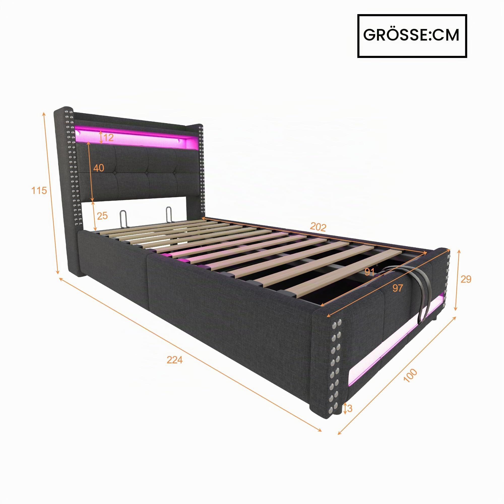 Rtopsu Kinderbett Polsterbett 90x200 cm, Jugendbett mit LED Beleuchtung und USB C, Einzelbett Stauraumbett mit Hydraulisch Stauraum, Bett Bettgestell mit Lattenrost aus Holz, Grau, Ohne Matratze