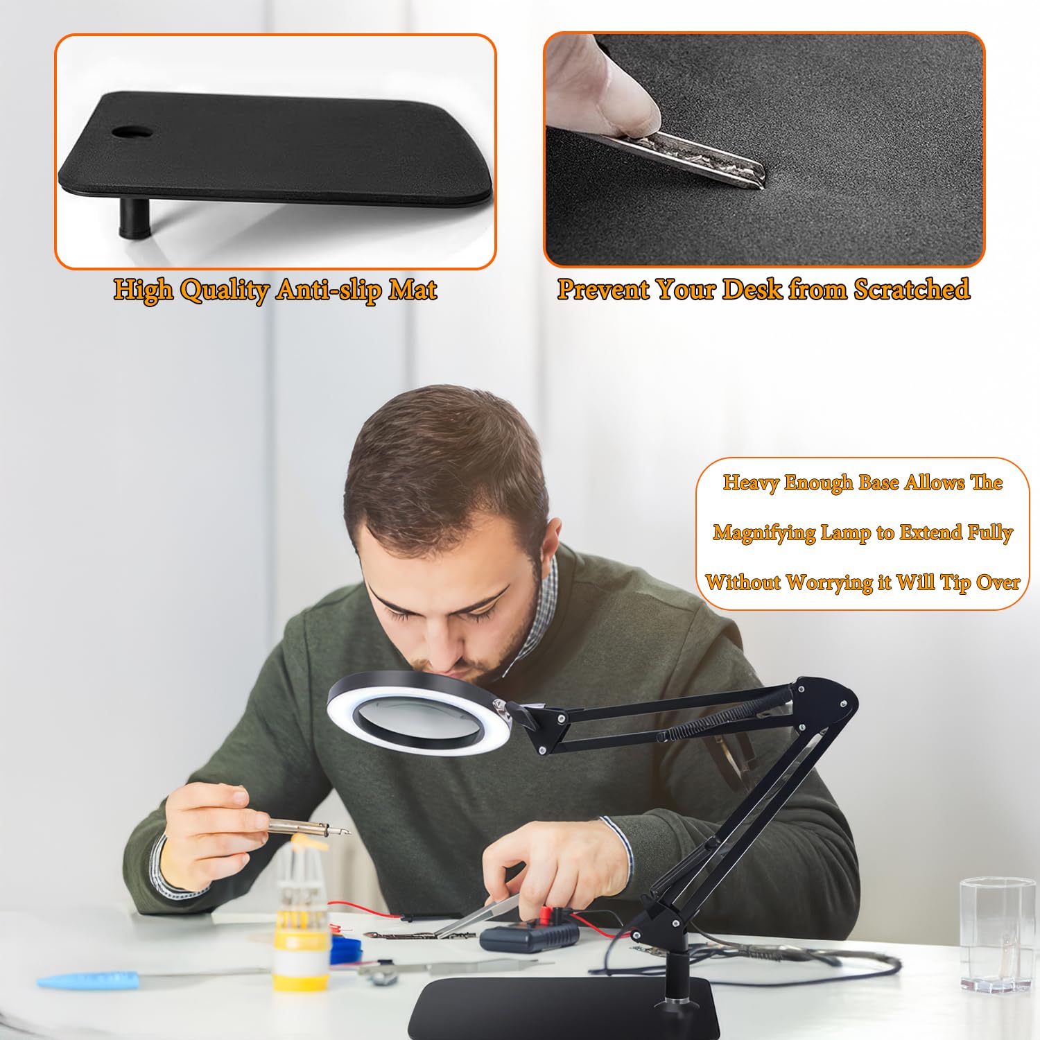 15-fache Lupe mit Licht – Echtglaslinse, 3 Farbmodi & einstellbare Helligkeit – 2-in-1-Schreibtischlampe mit Klemme und schwerem Sockel – flexibler Schwenkarm – ideal zum Basteln, Lesen, Reparieren