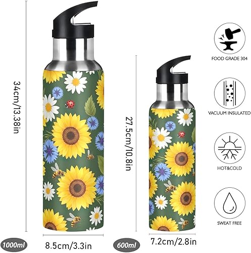 Miniatura 2 de BPA-Free Sport Water Bottle Insulated 20 Oz, Stainless Steel Vacuum Insulated Water Bottle for Gym Outdoor Travel School, Yellow Sunflowers