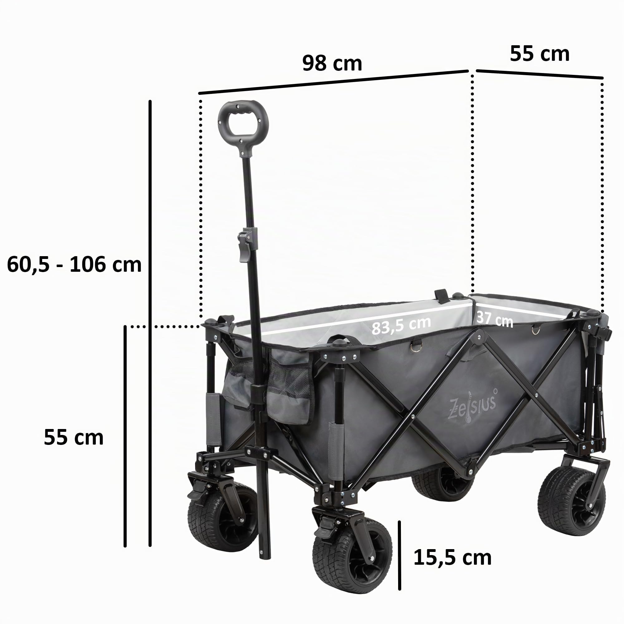 Zelsius Carrello pieghevole, grigio, carrello da trasporto, carrello pieghevole, carrello da giardino con tettuccio parasole, carrello da trasporto pieghevole