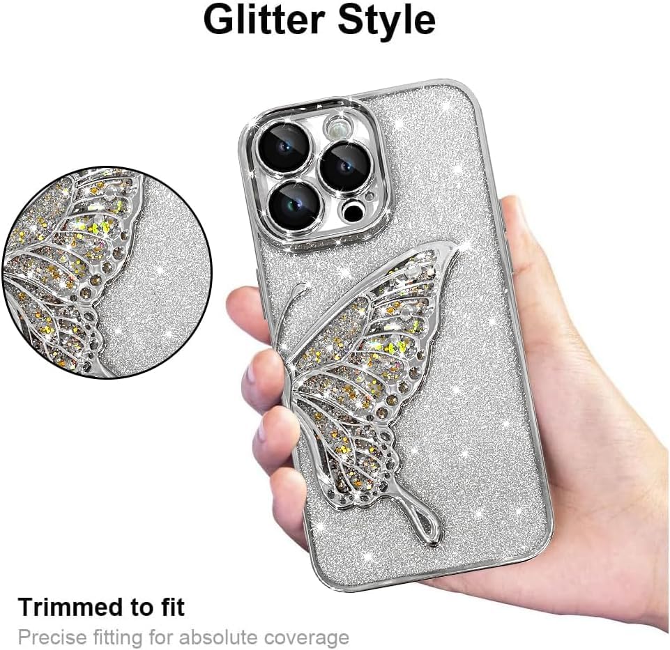 Image of SHINESTAR 3D Butterfly Case for iPhone 14 Pro Max Cover, Cute Girly Glitter Bling Luxury Back Cover for Women Girls Protective Shockproof Slim Camera Protection (or iPhone 14 Pro Max - Silver