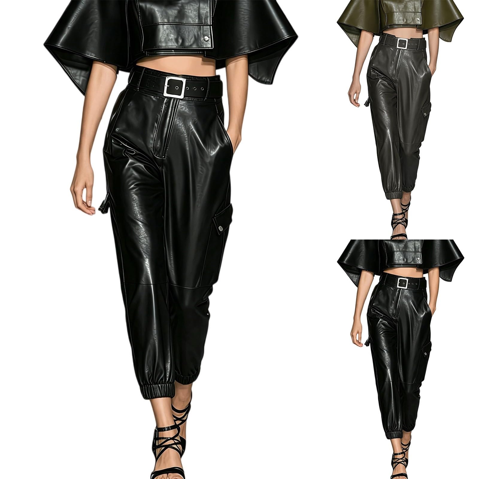 Pantaloni cargo da donna a vita alta, gamba larga, effetto pelle, pantaloni | Pantaloni da donna in pelle, morbidi, comodi, casual, streetwear, hip-hop, con vita elasticizzata, con tasche