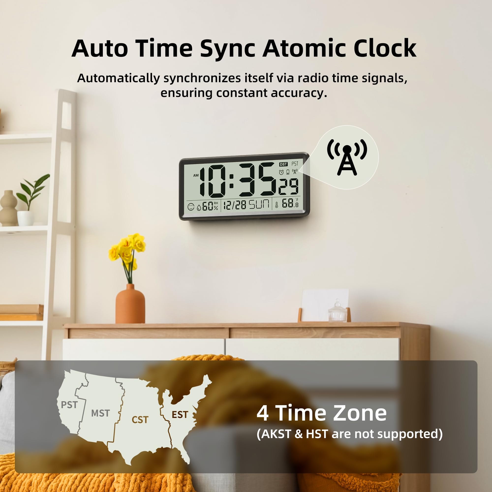 EASYERA Reloj atómico grande de 15 pulgadas con temperatura interior y humedad, reloj de pared digital que funciona con pilas, autoajuste con DST automático, para cocina, aula, sala de estar (pilas no
