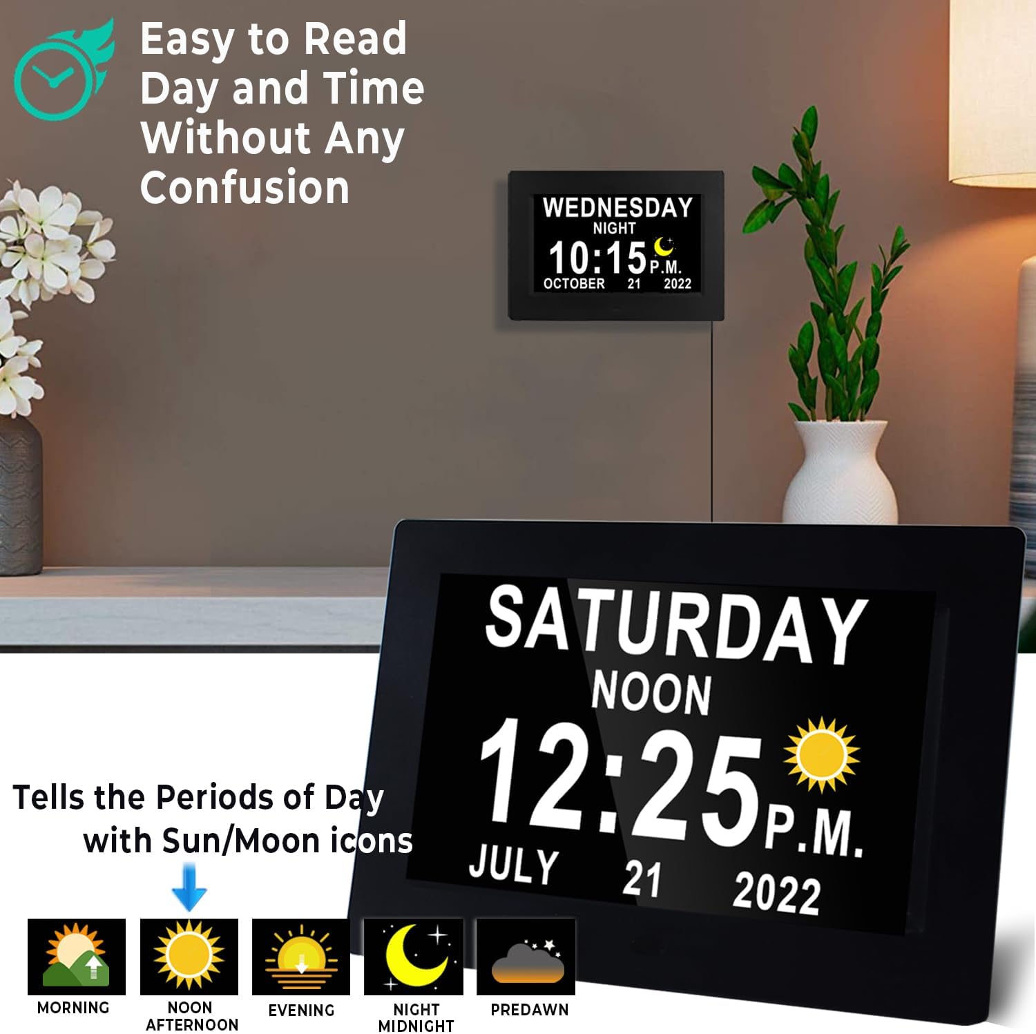 MASSII Digital Clock with Auto DST and Sun Moon Icons, 19 Alarms Custom Reminders, Calendar Day Date Clock for Seniors Dementia Alzheimers' Clock