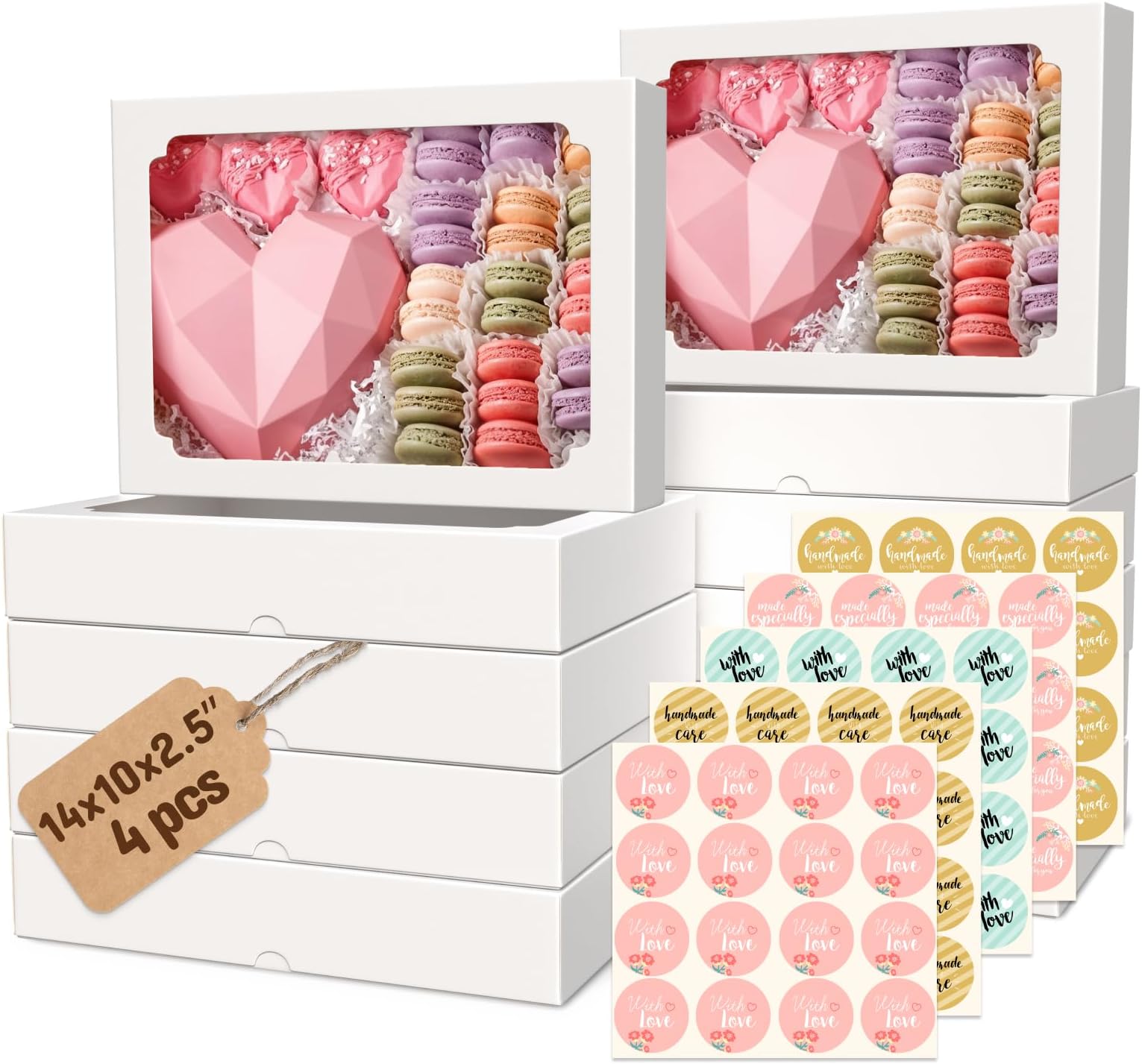 4 pcs Cookie Boxes, 14x10x2.5 Inch Large Bakery Boxes with Window for Treats, Pies, Chocolate Strawberries Muffins, Donuts, Dessert