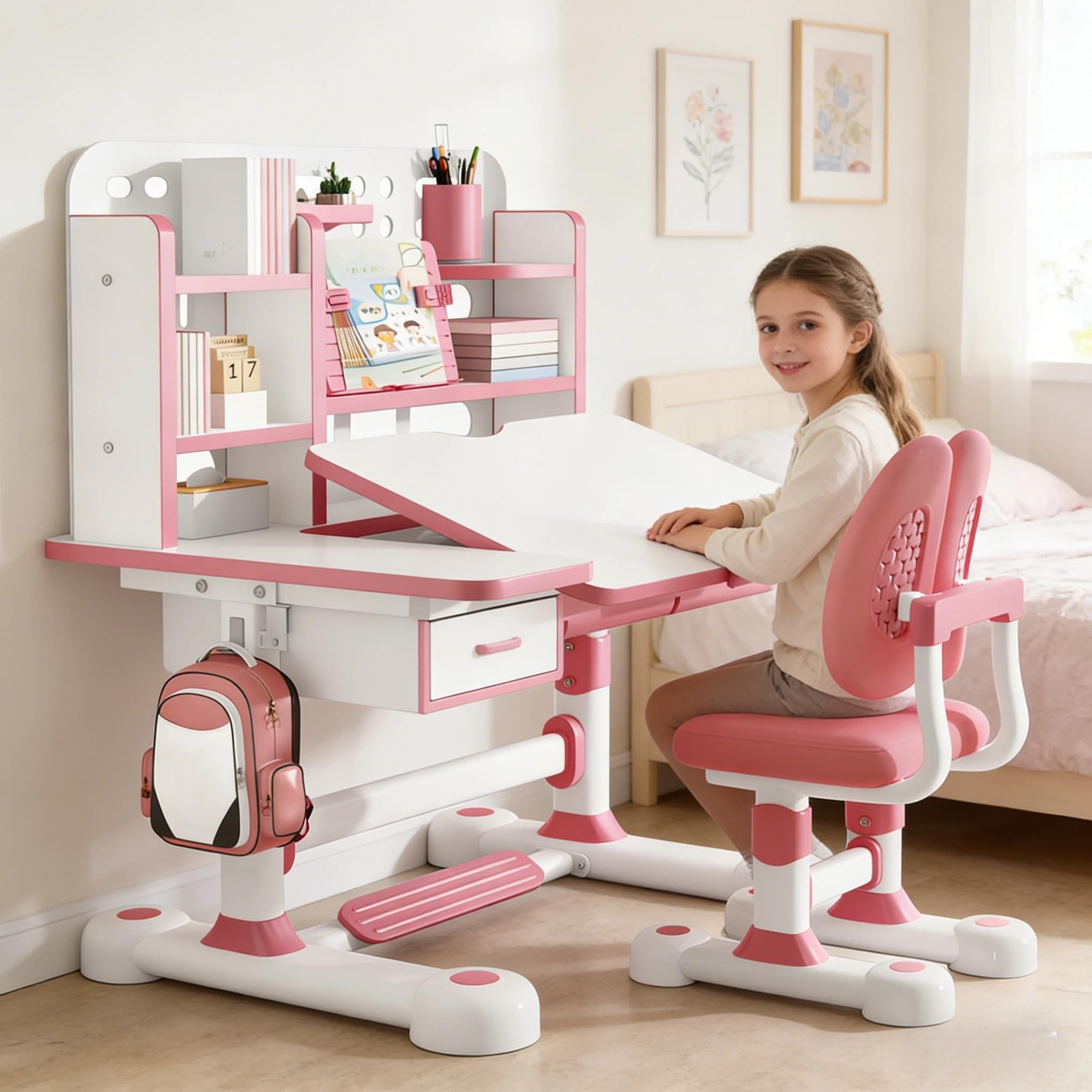 Juego de escritorio y silla de estudio para niños, altura ajustable, silla de mesa de estudio para niños, escritorio escolar con mesa ampliada inclinable, cajones de almacenamiento grandes, estantería