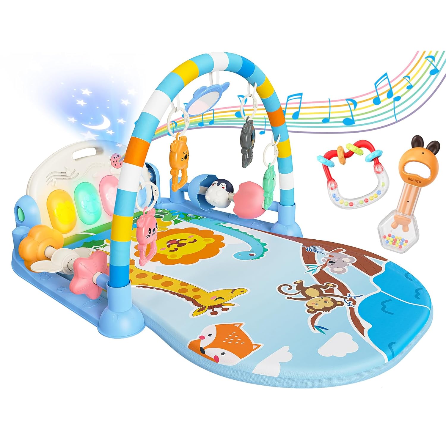 Baby Play Mat with Kick and Play Piano Gym, Funny Tummy Time Mat with Music and Lights, Baby Gyms & Playmats with 5 Infant Sensory Toys, Newborn Boy & Girl Gifts Months (Blue)