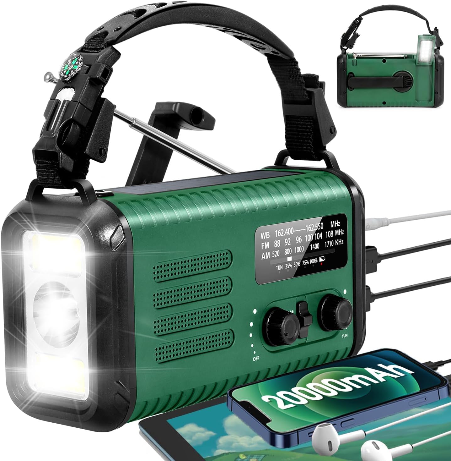 NOAA Weather Radio, 20000mAh/ 74000mWh Hand Crank Radio, Solar Battery Powered Radios with AM FM, Portable Fast Flashlight Cell Phone Charger, Reading Lamp, SOS Alarm for Camping, Hiking (Green)
