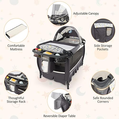 Miniatura 8 de BABY JOY 4 en 1 Pack and Play, corralito portátil para bebé con moisés y mesa de cambio abatible, toldo, centro de actividades de moisés para bebés