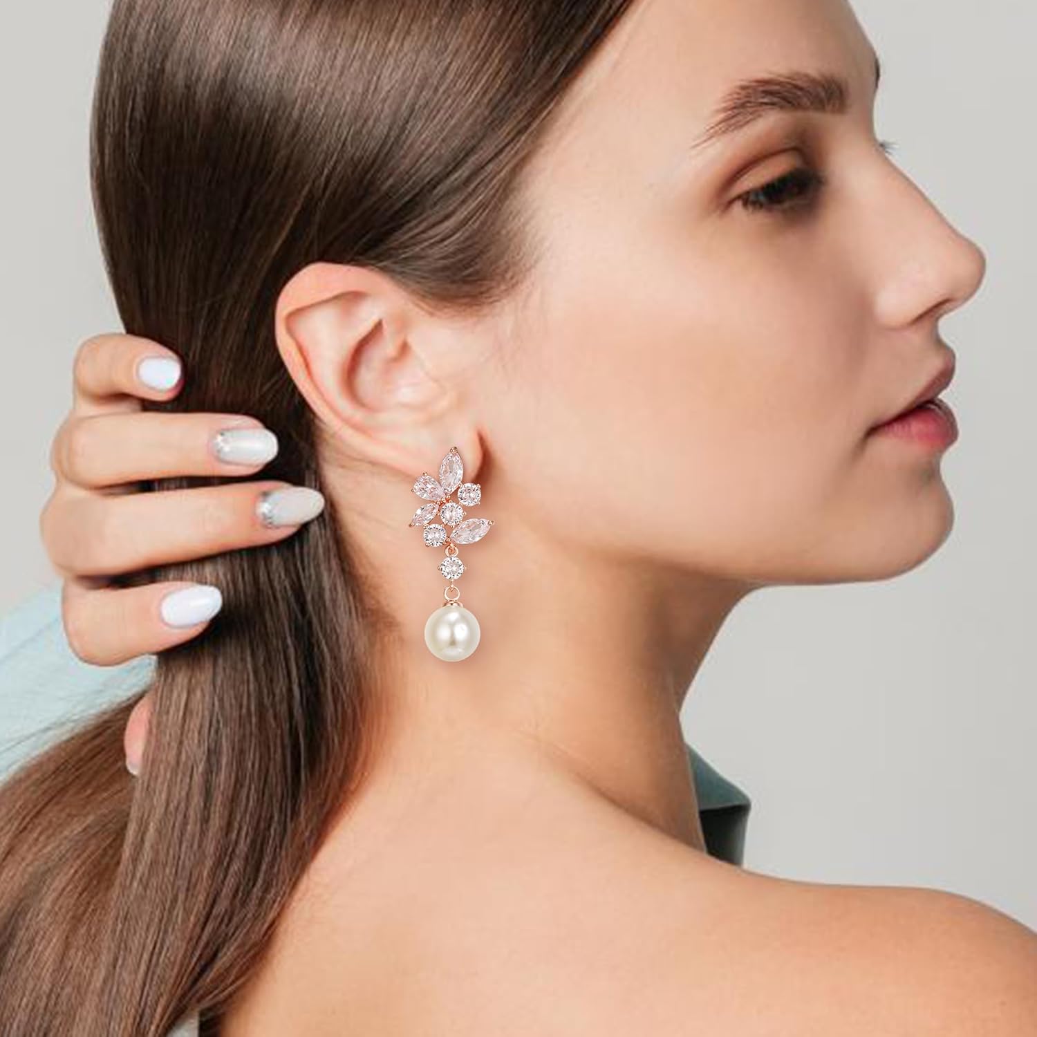 Crysdue Pearl Earrings for Women, Dainty Silver/Gold/Rose Gold Plated Cubic Zirconia Drop Dangle Earrings Wedding Jewelry for Bride Bridesmaid - Image 3
