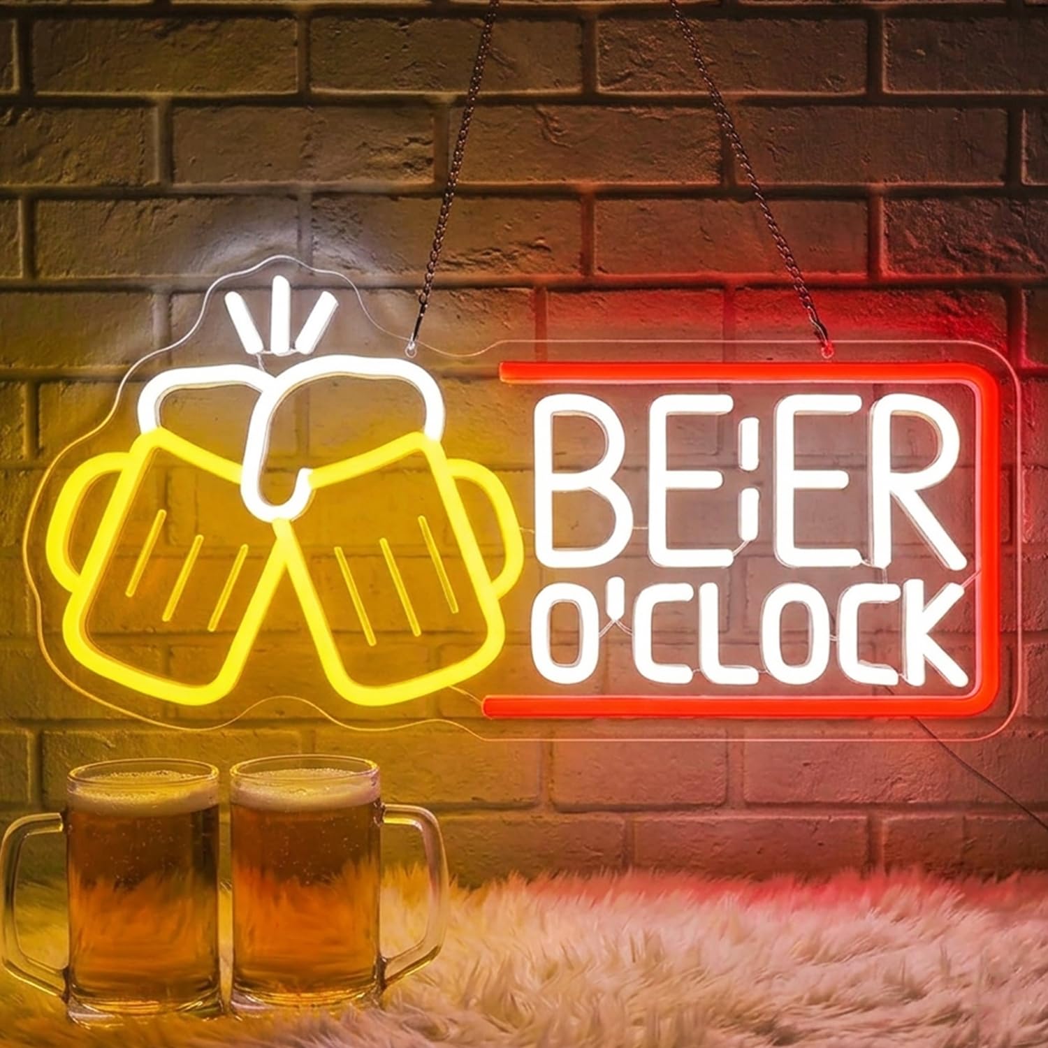 Lxmoneon Beer O'Clock Neon Sign, Bar Sign with Beer Glass Design, USB Beer Neon Sign for Home Bar & Man Cave Decor, Dimmable Beer Bar LED Sign for Pub Party Nightclub Gift