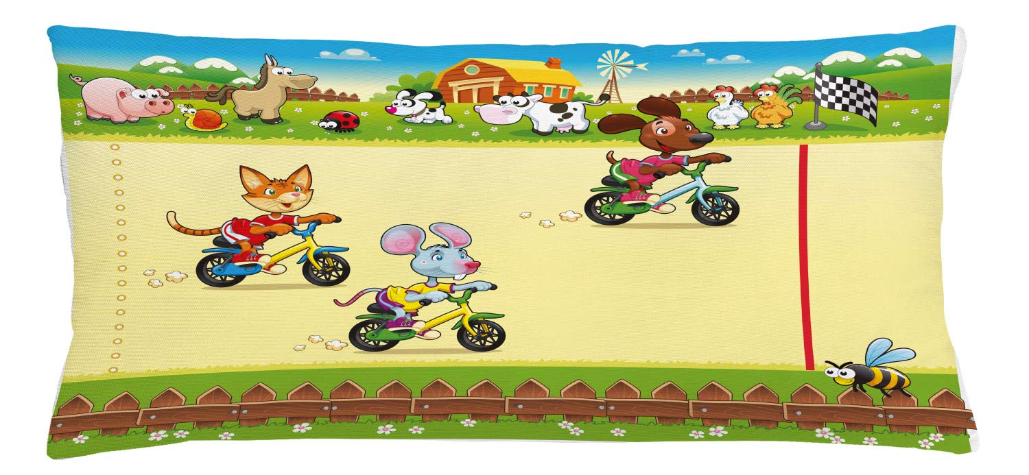 Lunarable Animal Throw Pillow Cushion Cover, Racing Mouse Cat and Dog on The Bike in Farm Animal Comic Caricature Illustration, Decorative Rectangle Accent Pillow Case, 36