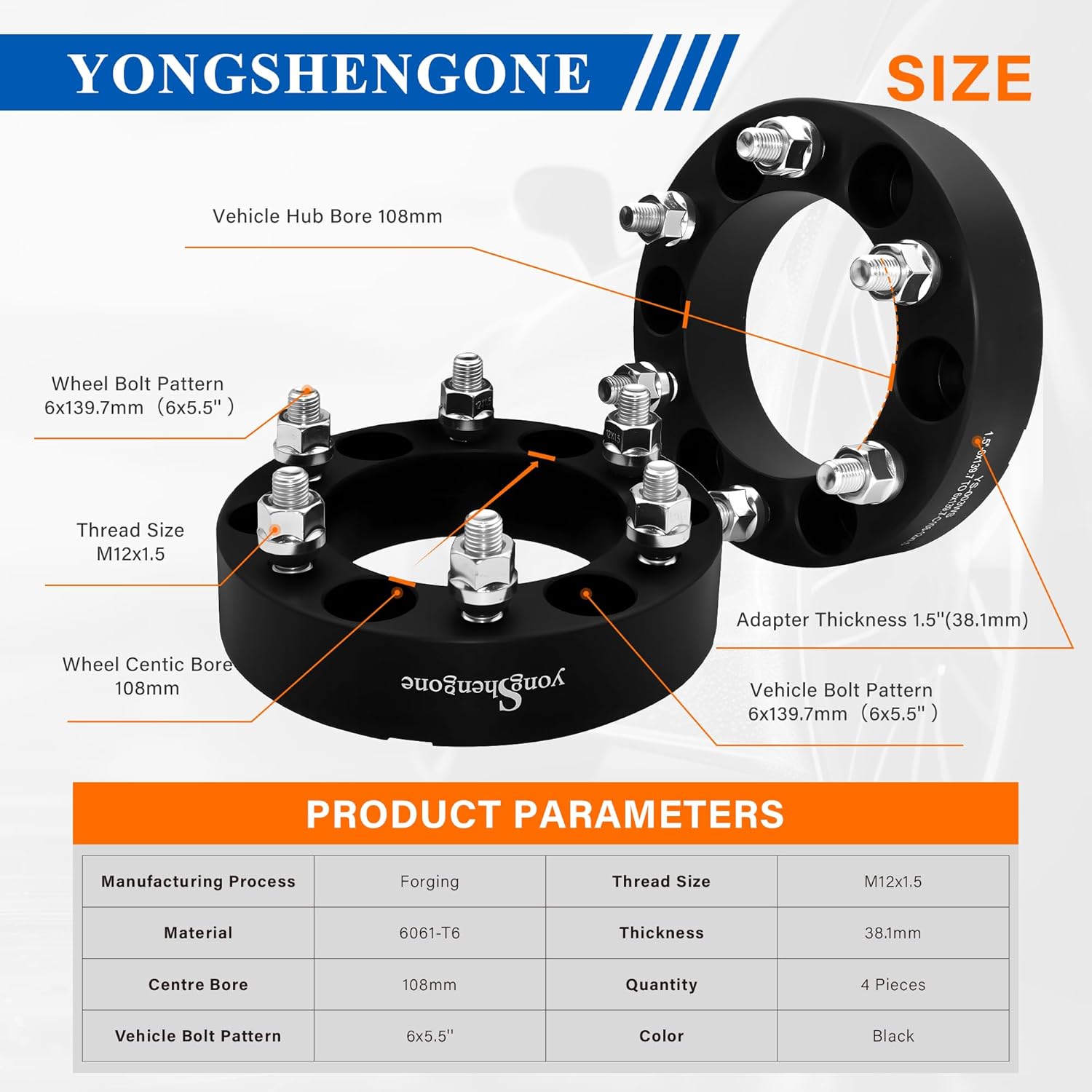 1.5" 6x5.5 (6x139.7) Hubcentric Wheel Spacers - 108mm Bore & M12x1.5 Studs - Forged for Toyota Tacoma (1995-2003), 4Runner (1989-2023), Tundra, FJ Cruiser, Sequoia, GX460, GX470, 4PCS