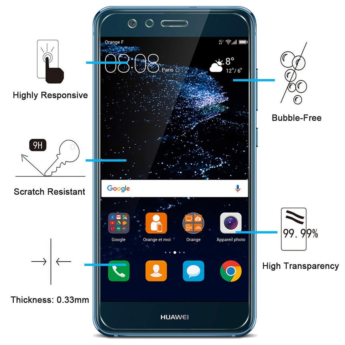 NEW'C 3x Vetro Temperato Per Huawei P10 Lite - 9H, Antigraffio, 0.33mm, Trasparente - 3
