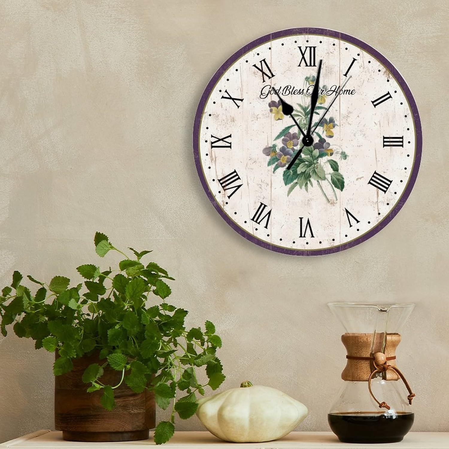 Europe Country Style Purple Pansy Flower Wooden Wall Clock Wildlife Flower 12 Inch Wooden Wall Clocks Battery Operated Silent Rustic Wall Decor Home Decor for Living Room Kitchen Bedroom Office