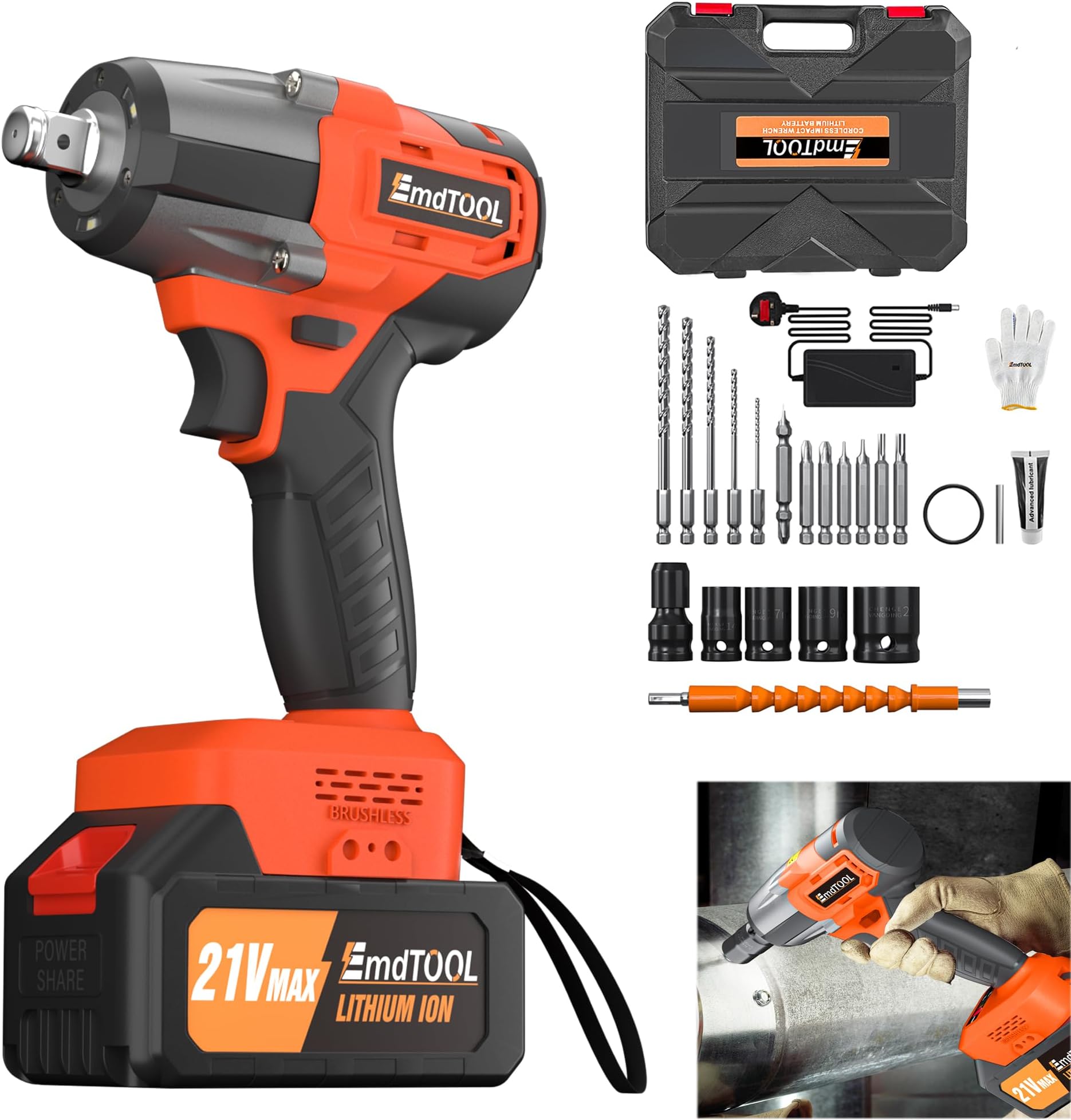 Cordless Brushless Impact Wrench & Eletric Drill, 21V High Torque 550N.m Cordless Wrench Kit with 6Ah Battery & Fast Charger, 4pcs Impact Sockets & 12 Drill Accessories - Orange