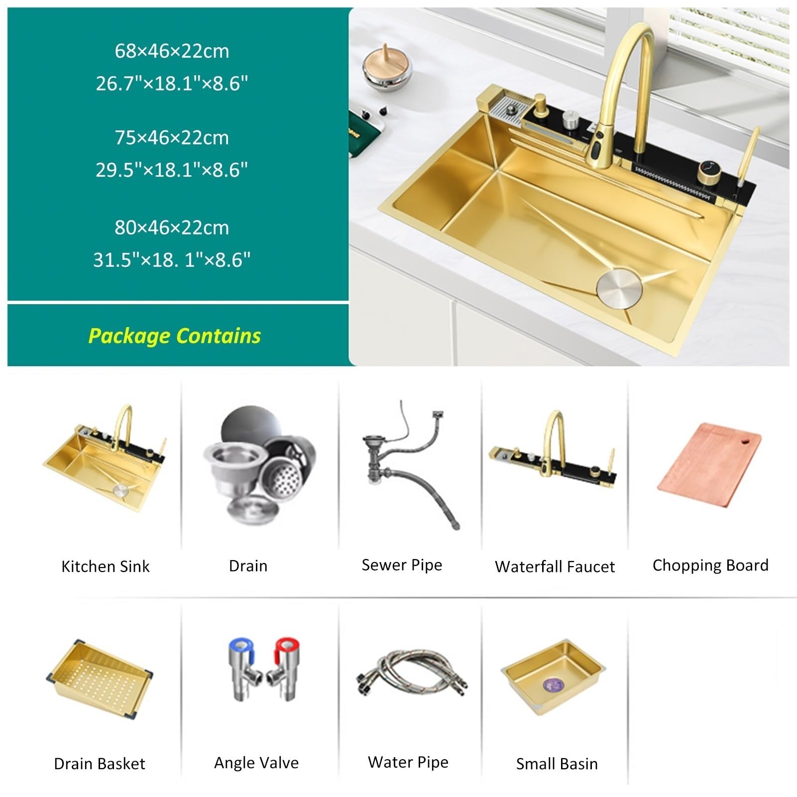 Fregadero de cocina grande con estación de trabajo, fregadero de bar inteligente Nano de acero inoxidable con cascada, grifo extraíble, lavavasos, kit de desagüe, fregadero de granja de un solo seno