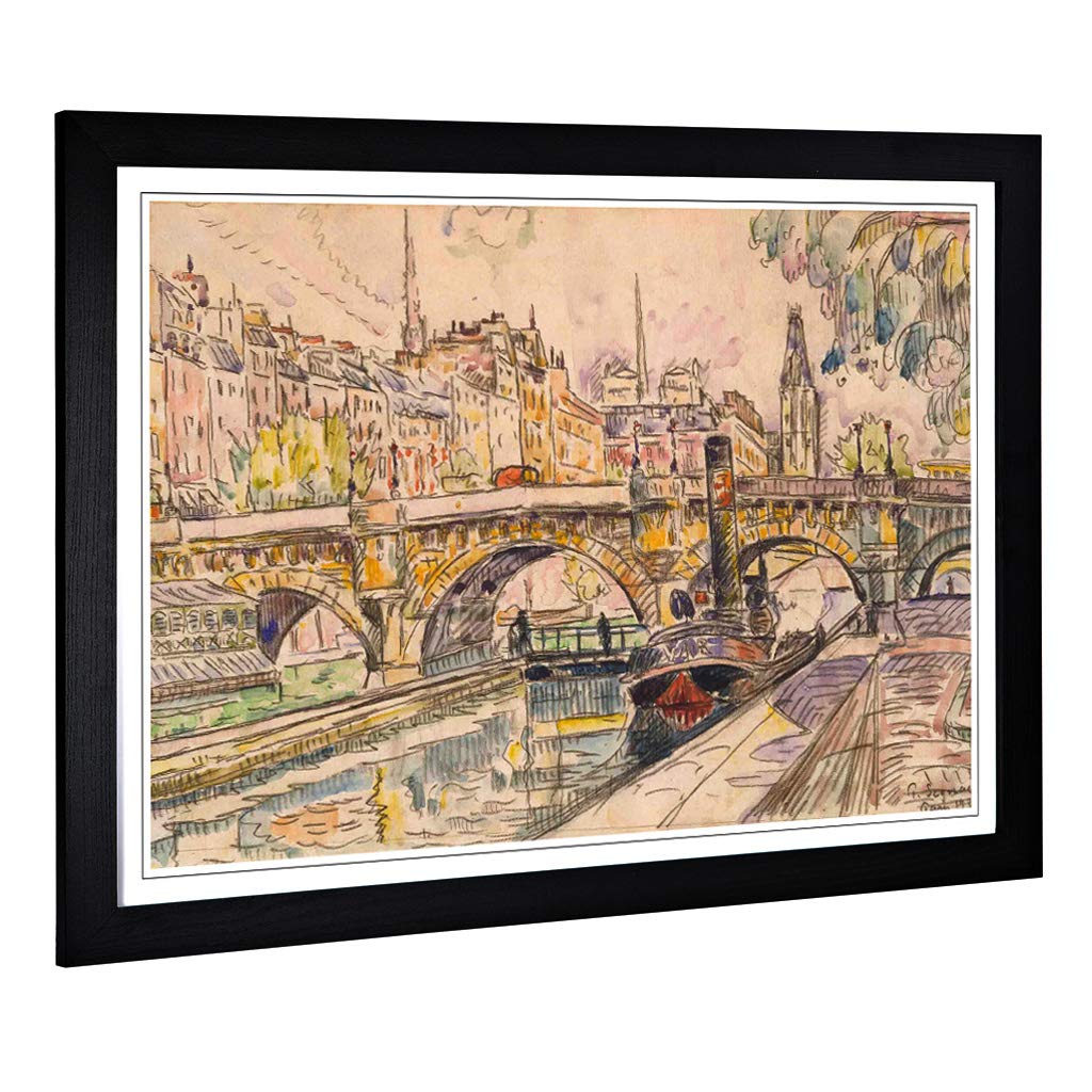 Big Box Art Framed Print of Paul Signac Tugboat at The Pont Neuf Paris Design | Wall Art Picture | Home Decor for Kitchen, Living Room, Bedroom, Hallway, Black, A2 / 24.5x18 Inch / 62x45cm