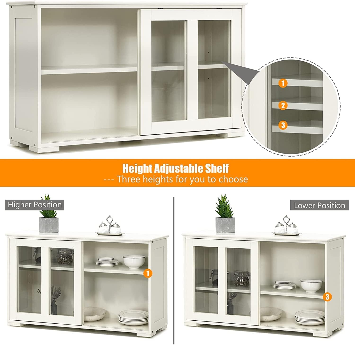 Stackable Kitchen Sideboard, Comes with Flexibly Sliding Glass Doors, Adjustable Shelf, Modern Storage Cabinet for Home Kitchen Living Room Dining Room Display Decoration (Antique White)