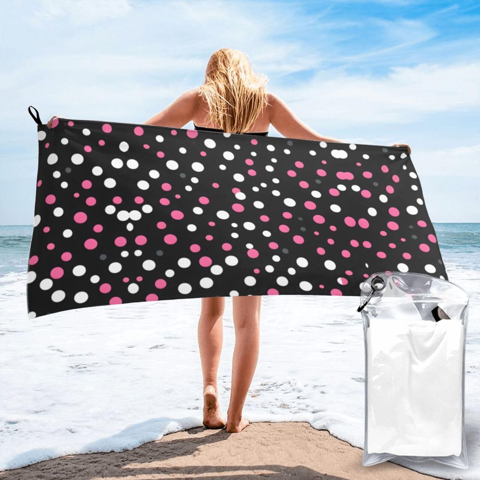 HLBSDM Black Polka Dots Print Beach Towel Quick Dry Portable for Swimming Yoga Travel Campers