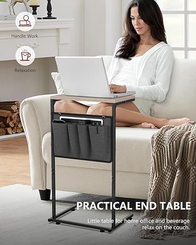 Miniatura 4 de Vantic Mesa auxiliar en forma de C, mesa auxiliar de sofá pequeña con bolsa de almacenamiento, mesa resistente debajo del sofá con marco de metal