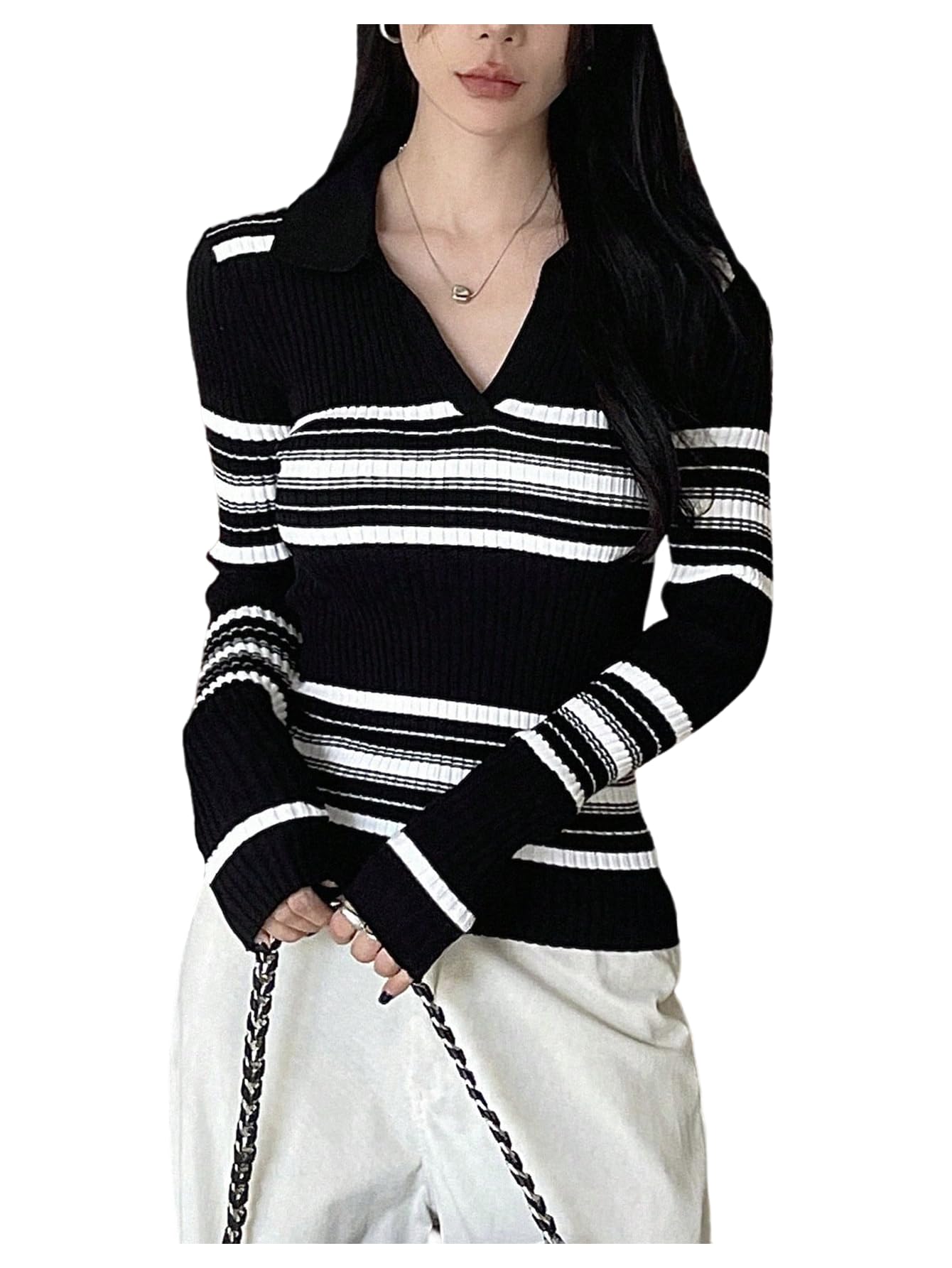 MakeMeChic Womens Striped V Neck Sweater Collared Long Sleeve Old Money Pullover Tops