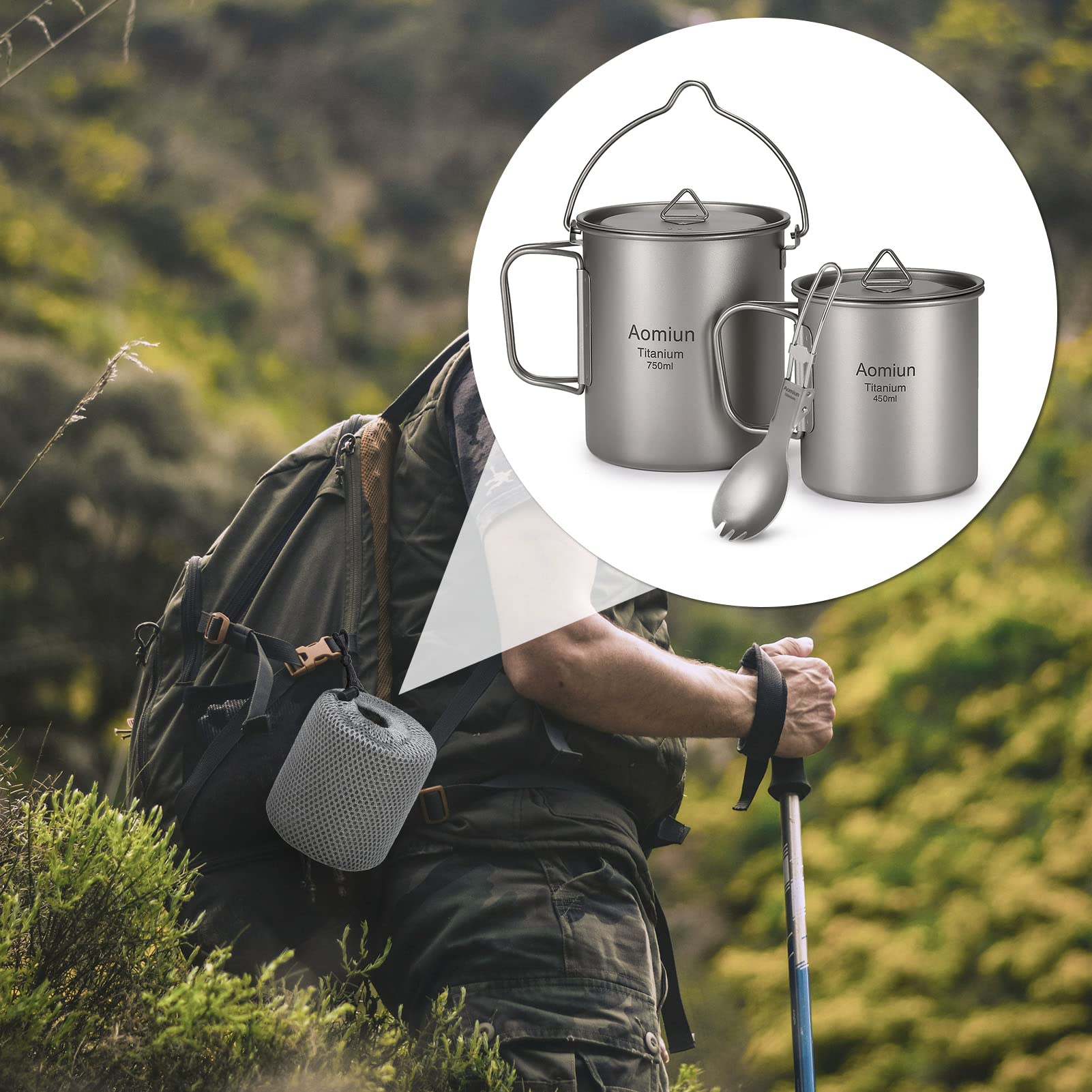 Tytanowy Garnek 750 Ml Tytanowy Kubek Kubek Składany Spork łyżka Kempingowa Składany Zestaw Przyborów z pokrywką Uchwyt Worek do
