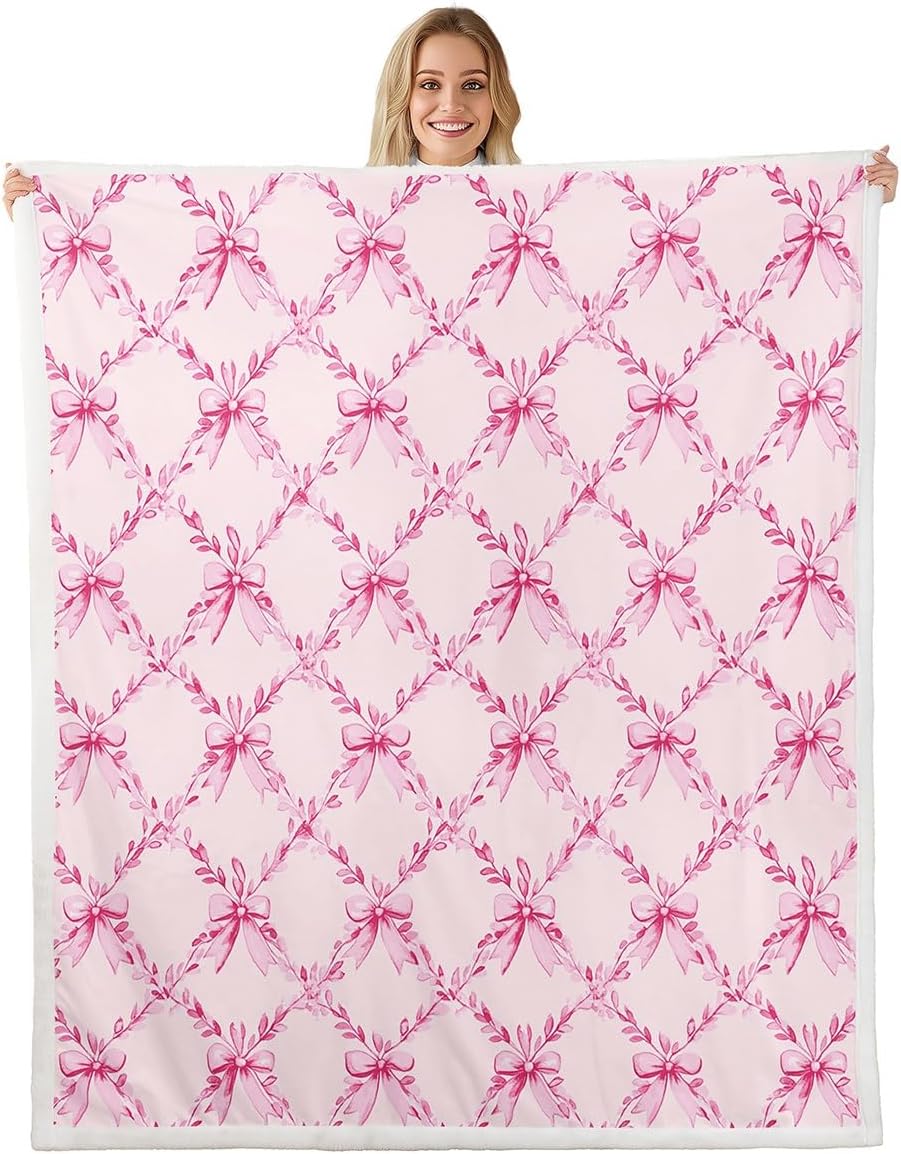 Feelyou Kids Cute Bowknot Fleece Throw Blanket Pink Bow Sherpa Blanket Boys Girls Kawaii Plush Blanket for Bed Sofa Couch Teens Bedroom Decor Twin 60"x80"
