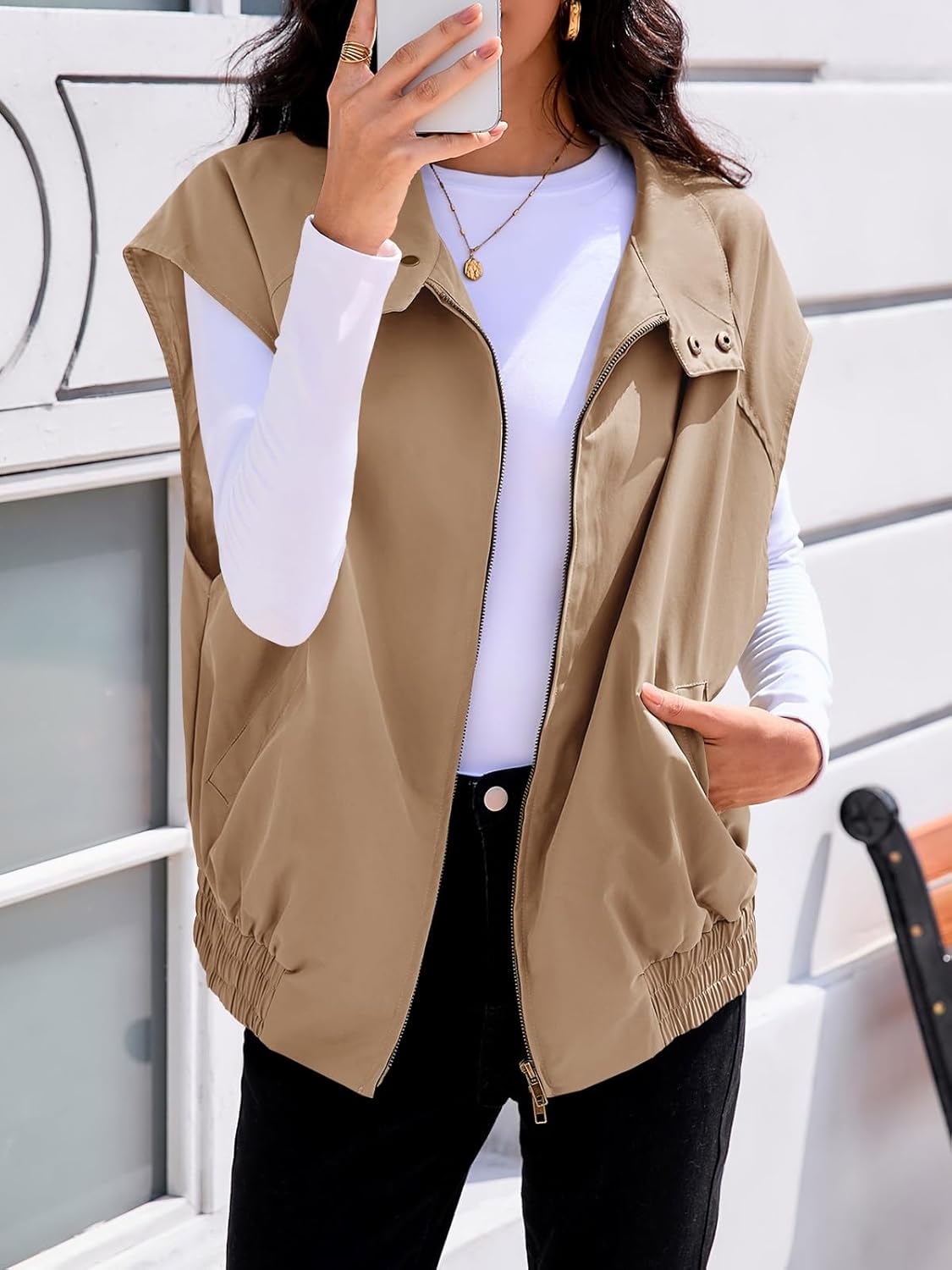 Tankaneo Womens Oversized Vest Tops Lightweight Zip Up Cap Sleeve Snap Stand Collar Military Jackets