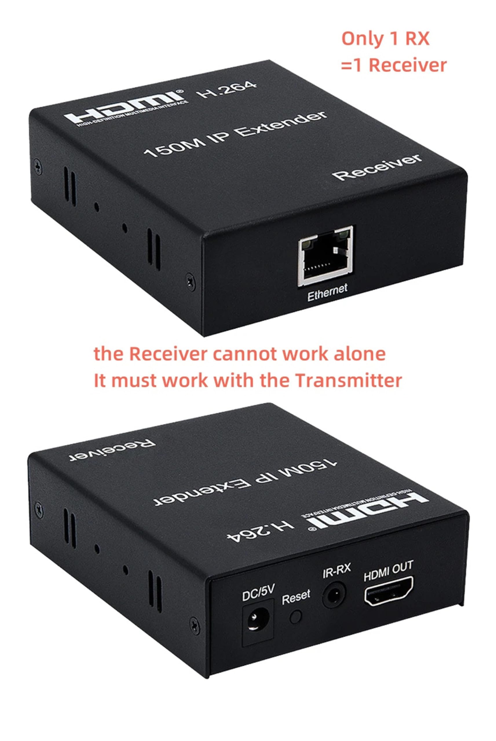 Rallonge IP HDMI 1080p 150 m, via réseau Ethernet RJ45 Cat6 Cat 6 6a Câble d'extension via commutateur 1 émetteur vers récepteur multiple avec H.264 pour PS4 ordinateur portable TV (TX+RX)