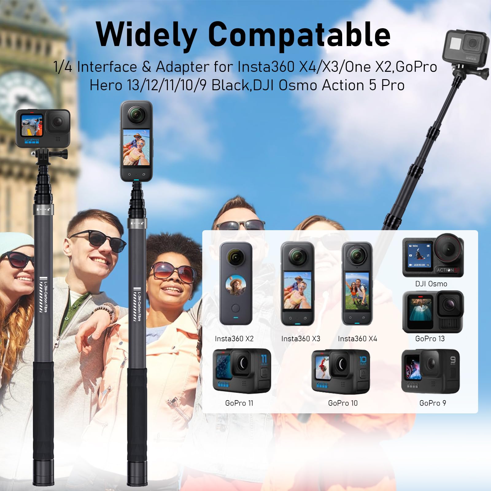 Wiseten 3M Niewidoczny kij do selfie z włókna węglowego 3 m do Insta 360 X5 X4 X3, kij do selfie długi pręt przedłużający monopod z adapterem do GoPro Hero 13 12 11 10 9 czarny DJI Osmo Action 5 Pro 4