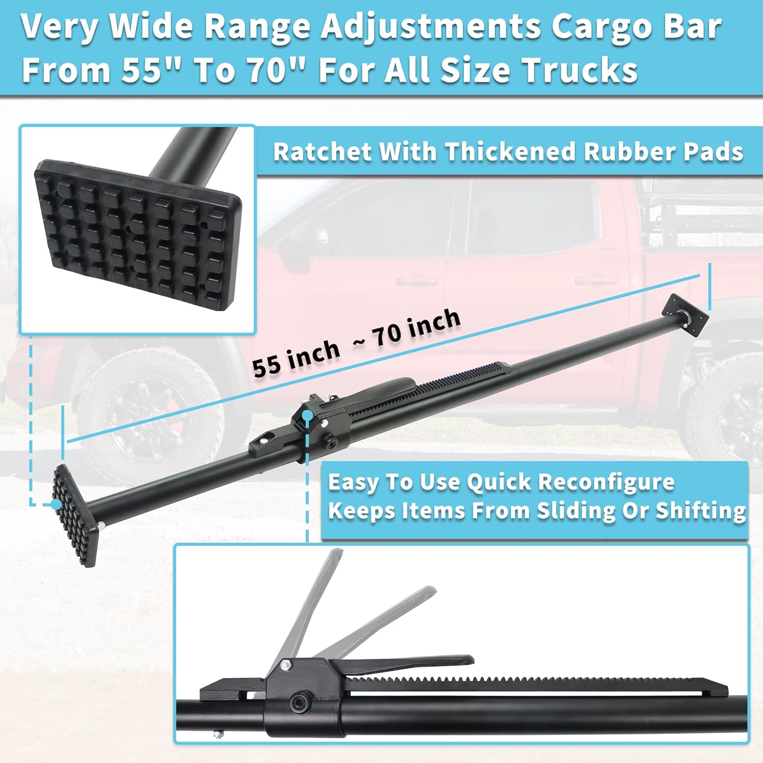 300 Lbs Load Capacity Cargo Bar Adjustable from 40" to 73" Width Truck Bed Load Bar Heavy-Duty Steel Stabile Cargo Racks Bars Universal for Most Pickup Truck Bed, SUV, Minitruck