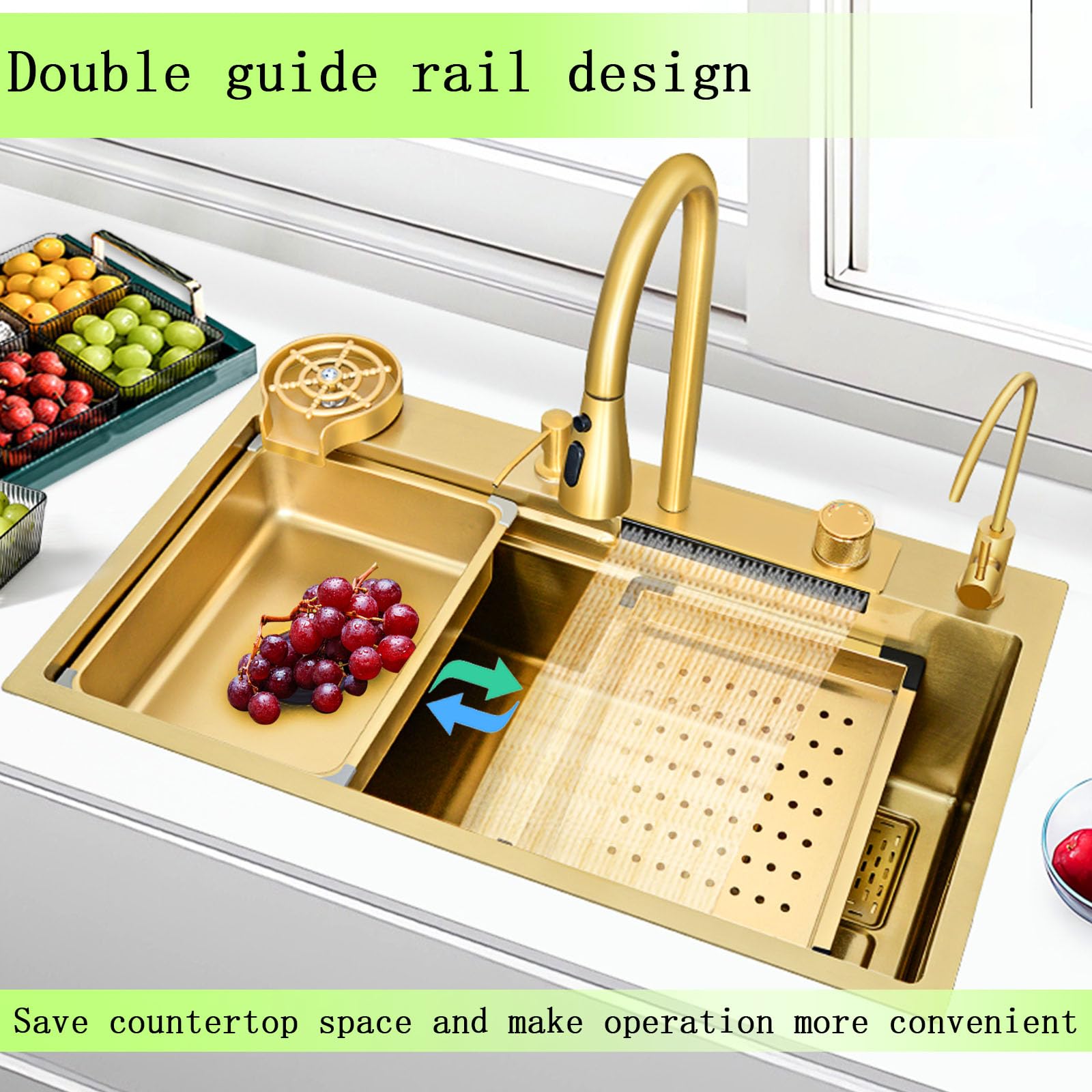 Fregadero multifuncional pila de lavar fregadero multifuncional fregadero cocina 1 seno con escurridor encimera fregadero acero inoxidable(80 x 45 x 22 cm, dorado)