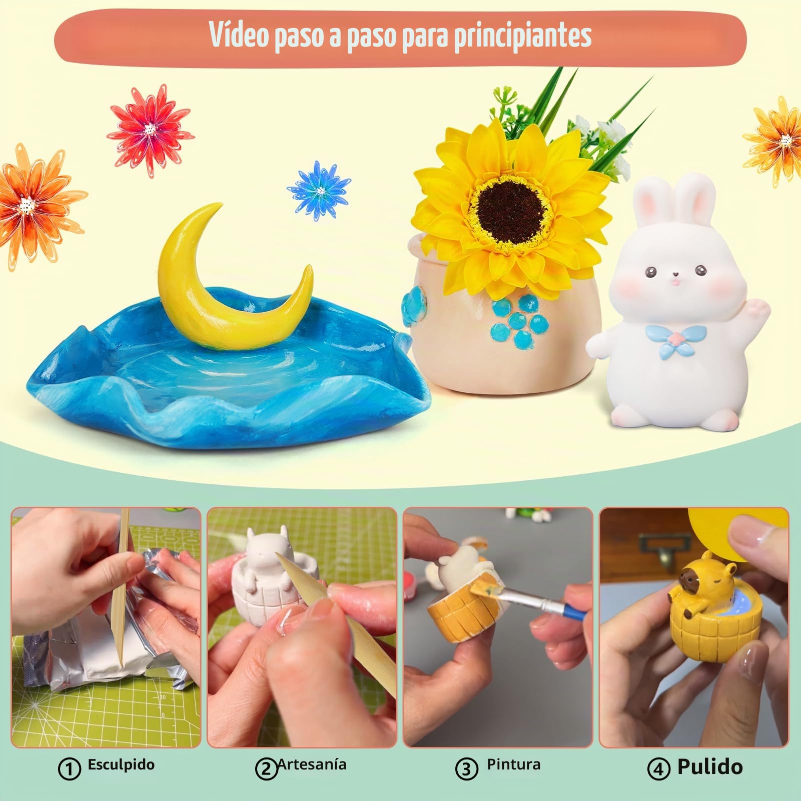 UHAPEER Kit de arcilla seca al aire para adultos, juego de cerámica para principiantes con arcilla, herramientas de esculpir, barniz, pintura de cerámica, guía paso a paso y video, regalo para los