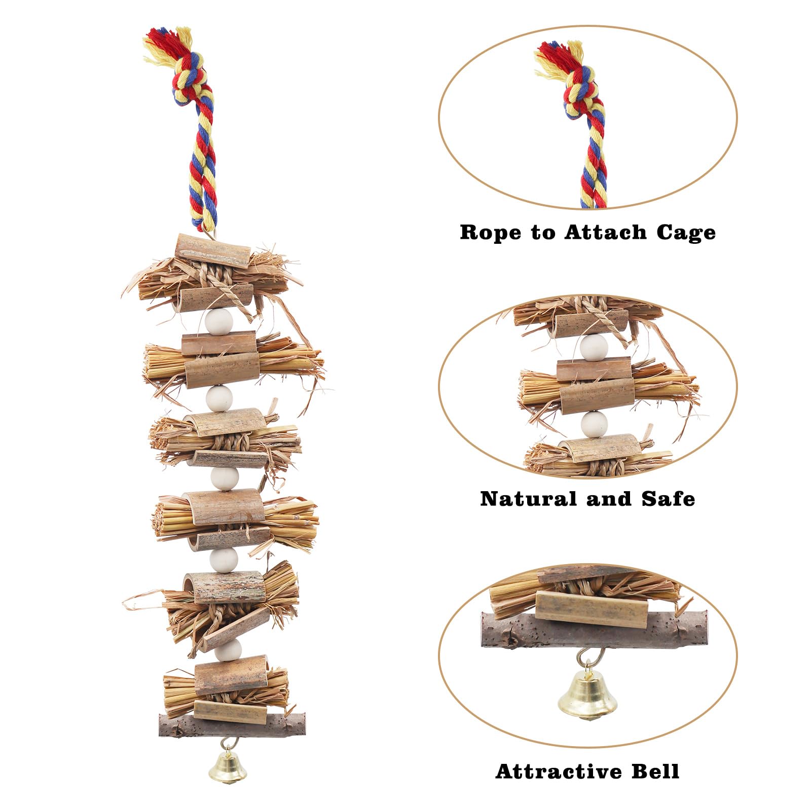 2-Pack Bird Toys with Straw and Bell, Parakeet Toys in Cage, Parrot Cage Accessories, Suitable for Budgies Cockatiels Lovebirds Canaries Conures Quaker Finches Parrotlets Small to Medium Birds