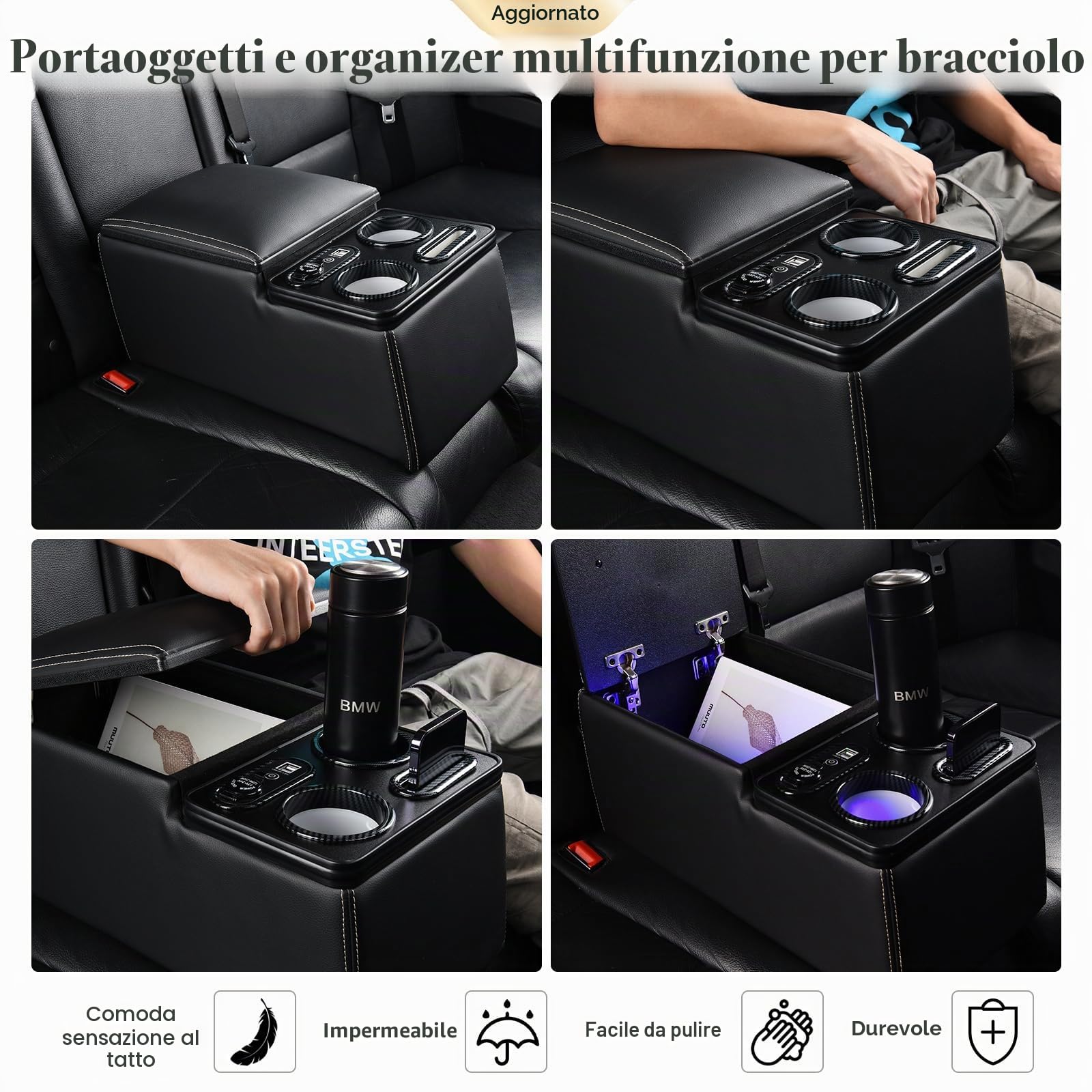 Coverado Console del centro auto in Pelle, Universale Braccioli Centrale Auto, Console sedile posteriore con supporto della tazza + supporto telefono per auto (Aggiornamento, Nero)