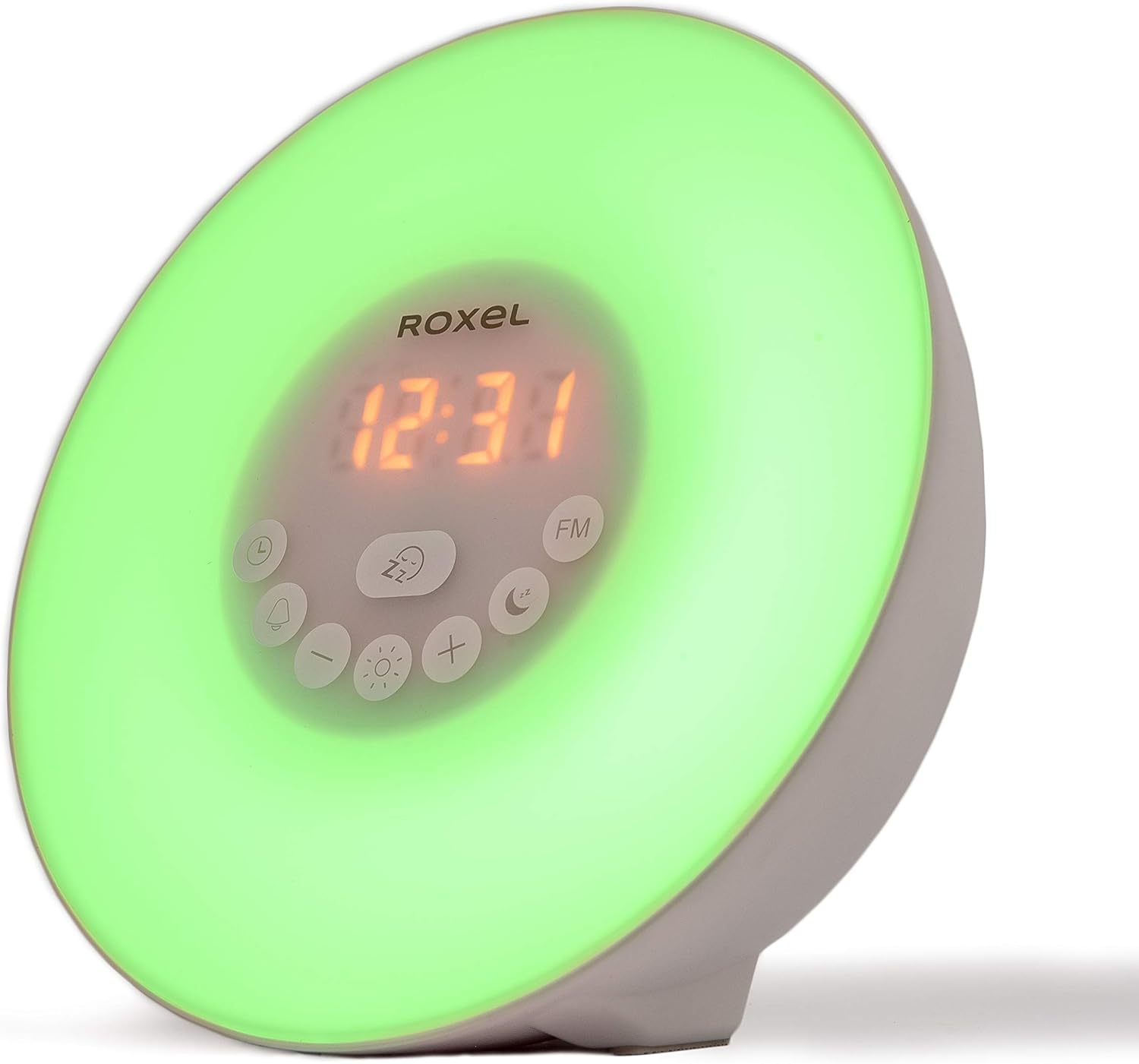 Roxel Wake-Up Light Alarm Clock displaying a pink light.