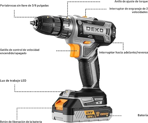 Miniatura 2 de Taladro eléctrico inalámbrico: Deko Pro - Taladro inalámbrico de 20 V, juego de taladro eléctrico con batería y cargador