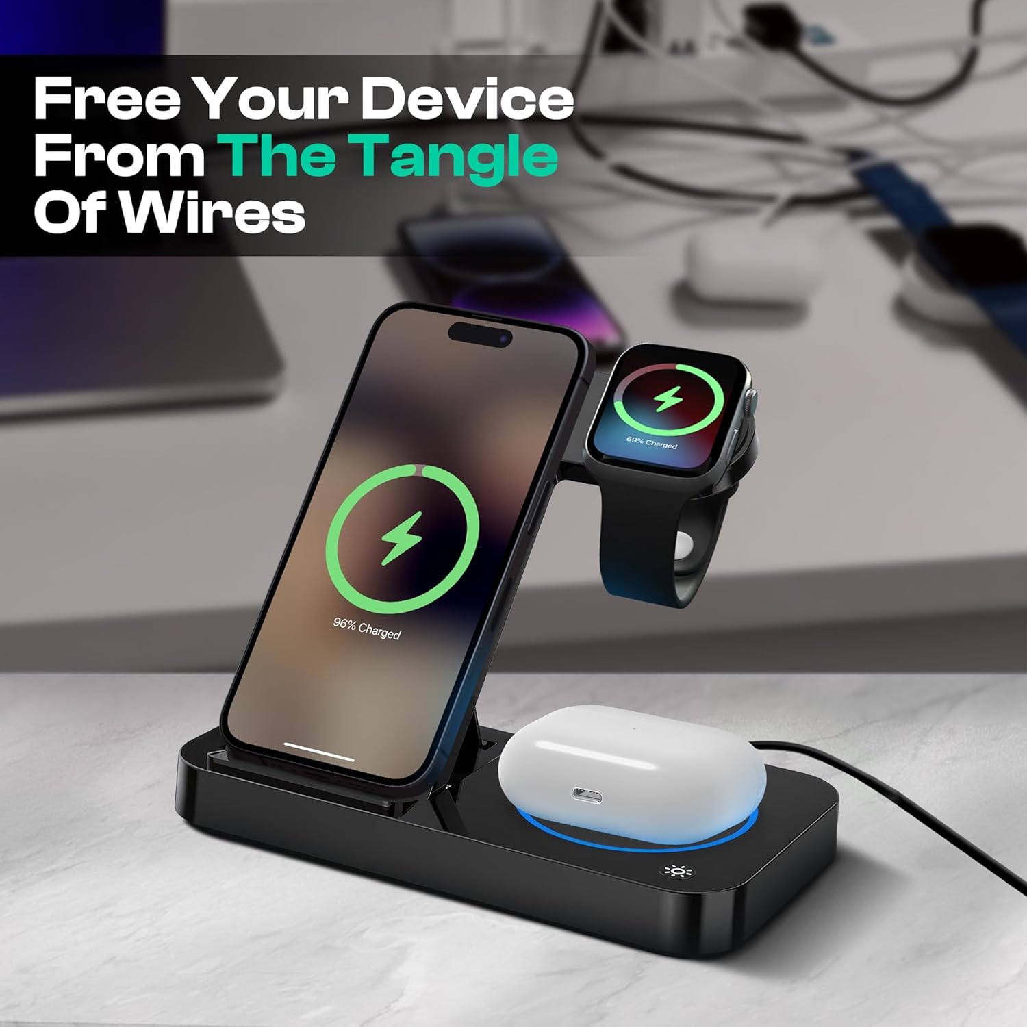 4 in 1 Wireless Charging Station for iPhone, Apple Watch & AirPods - Wireless Charger for iPhone Series 16/15/14/13/12 - Apple iWatch Series 7/9/8 with Extra USB Port & Foldable Design – Black