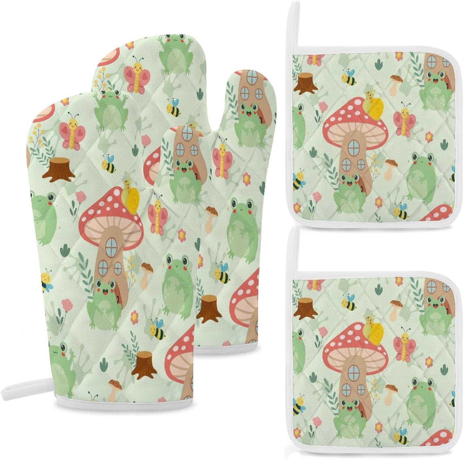 Watercolor Cartoon Frog Mushroom Oven Mitts and Pot Holders Cute Spring Forest Floral Frog Butterfly Oven Mitts Gloves Kitchen Non Slip Baking BBQ Gloves 4 Set