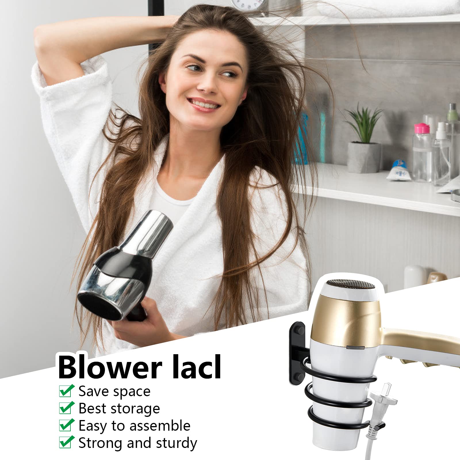 Supporto per Asciugacapelli Montaggio a Parete Porta Asciugacapelli per Asciugacapelli per Camere da Letto Toilette Barbiere(Nero)