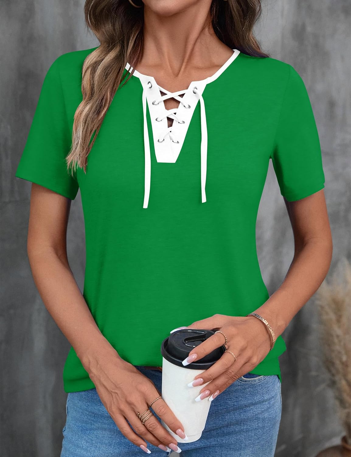 LOMON Womens Criss Cross Short Sleeve T-Shirts V-Neck Floral Summer Blouse Tops - Image 4