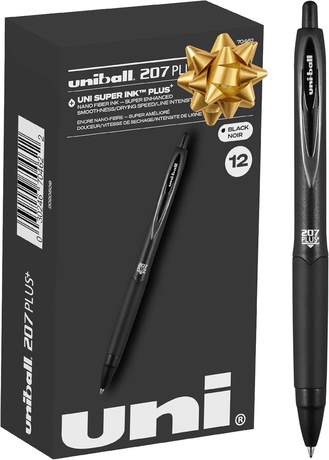 uniball 207 Plus+ Retractable Gel Pens 12 Pack in Black with 0.7mm Medium Point Pen Tips – Uni-Super Ink+ is Smooth, Vibrant, and Protects Against Water, Fading, and Fraud