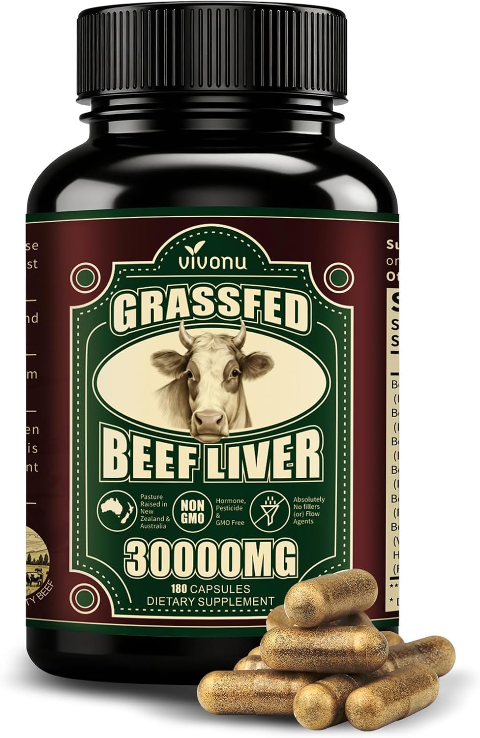 VivoNu Beef Organ Supplement for Women, per Serving Beef Organs with Bovine Liver, Ovary, Uterus, Kidney, Heart, Bone & More, 100% Grass Fed, Balance Hormones*, Energy* 1 Bottle (5)