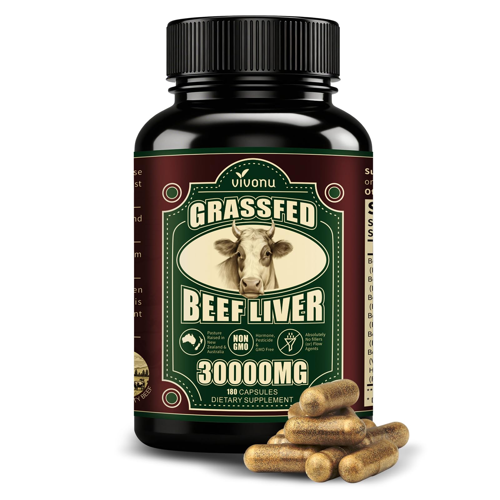 VivoNu Beef Organ Supplement for Women, per Serving Beef Organs with Bovine Liver, Ovary, Uterus, Kidney, Heart, Bone &amp; More, 100% Grass Fed, Balance Hormones*, Energy* (180 Capsules)