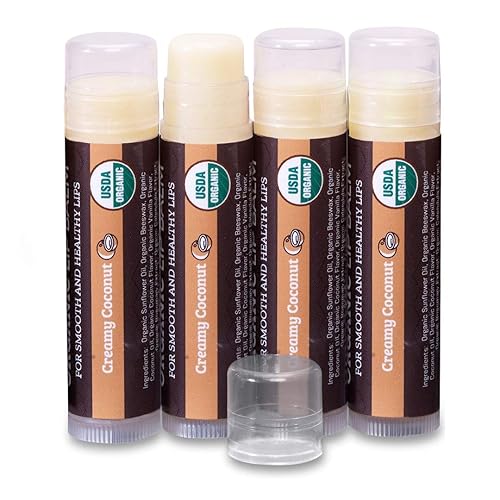 Earth's Daughter - Bálsamo labial orgánico USDA, paquete de 4 unidades, sabor cremoso a coco, cera de abejas, aceite de coco, vitamina E, el mejor