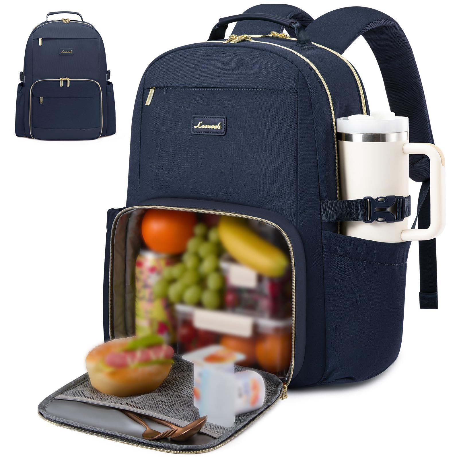 LOVEVOOK Lunch Backpack with Lunch Compartment,15.6 Inch Laptop Work Travel Insulated Cooler Backpack Purse, Waterproof College Teacher Lunch Bag Box with Tumbler Holder,Gifts for Men Women,Dark blue