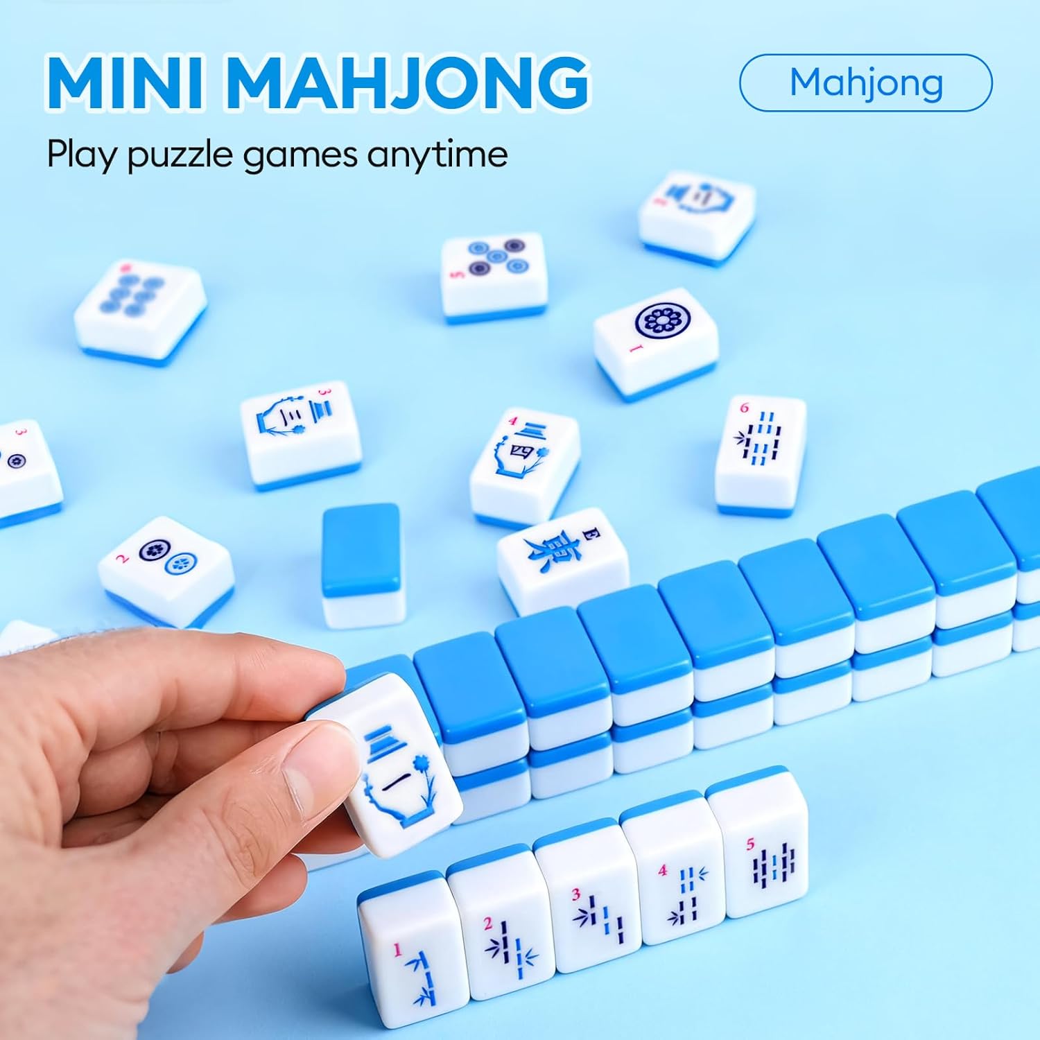 American Mahjong Tile(Only Tiles), 166 Quality Engraved Tiles Blue Backboard, 1.2 inch American Mahjong Game with Carrying Bag/Dice/Chips, Creative Design Patterns, Ideal Mahjong Gifts (No Rack)